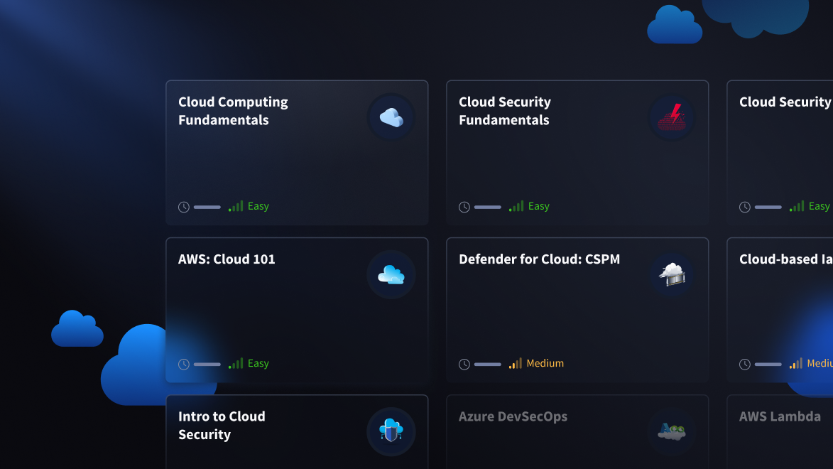 Cloud security training modules dashboard.