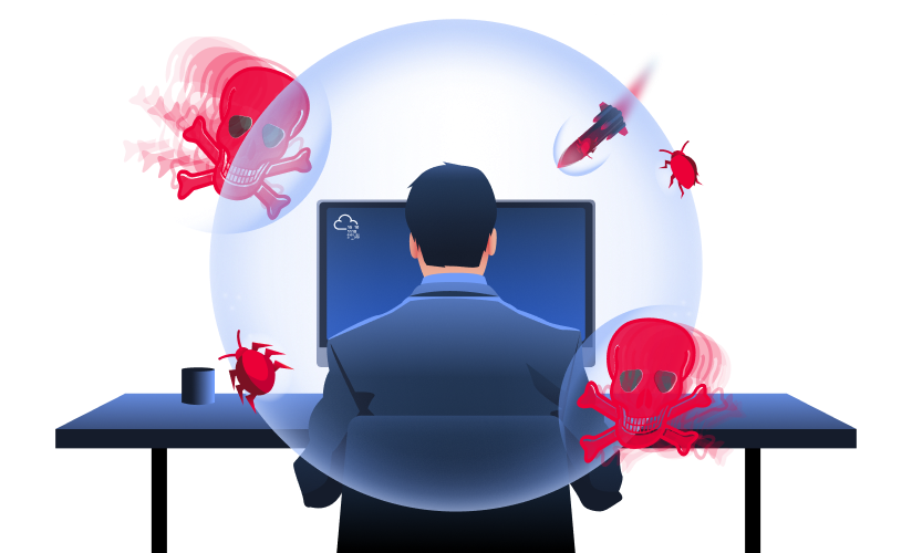 Cyber security analyst working at desk with computer while red skull icons representing cyber threats float around the workspace.
